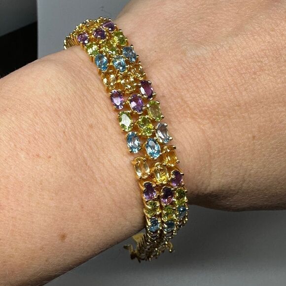 7" Amazing gold vermeil over 925 multi-gemstone bracelet! - Picture 6 of 12